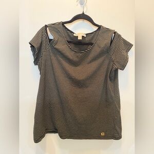 Michael Kors Striped Black and Gray Striped Cold‎ Shoulder Top - Size XL